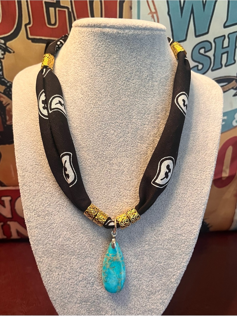 Southwestern, Country Western ‘Dandelion’ Boho Bandana Scarf Necklace, Black